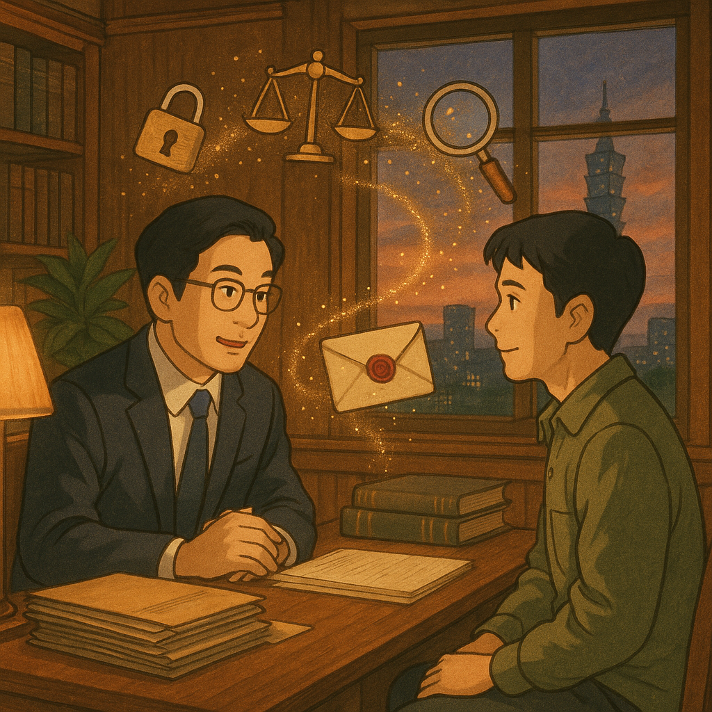 吉卜力風格場景：台灣律師與當事人在溫暖木質事務所對談，窗外台北暮色，色調柔和自然。檔案與封蠟信封化作光粒飄成流程弧線，鎖頭、天秤與放大鏡圖像環繞，象徵洩密罪調查與準備文件；手繪質感營造魔幻沉浸感。