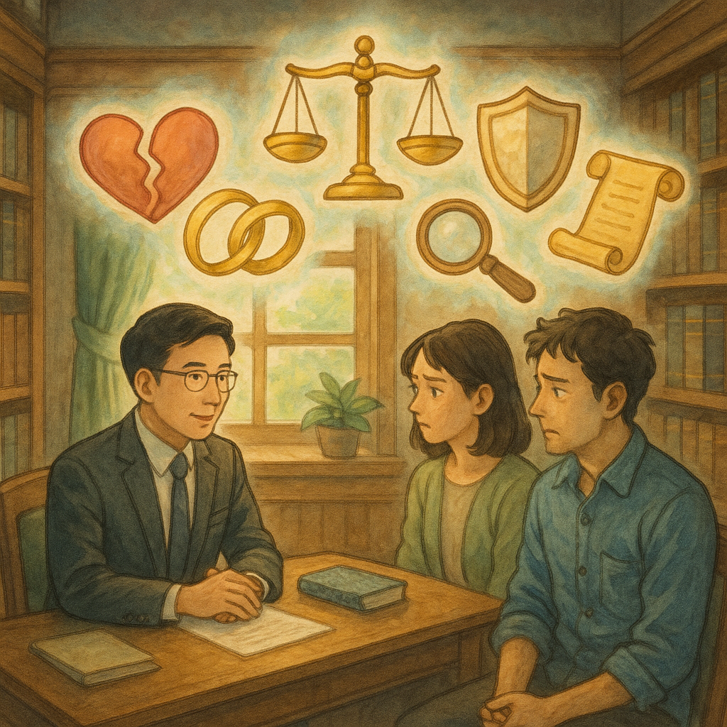 吉卜力式柔和色彩與自然光下，木質律師事務所內，台灣人律師與一對神情複雜的伴侶對談。空中浮現象徵婚外情與風險控管的圖像：裂痕愛心、婚戒、天秤、盾牌、卷軸、放大鏡與時鐘，氛圍魔幻而專業。