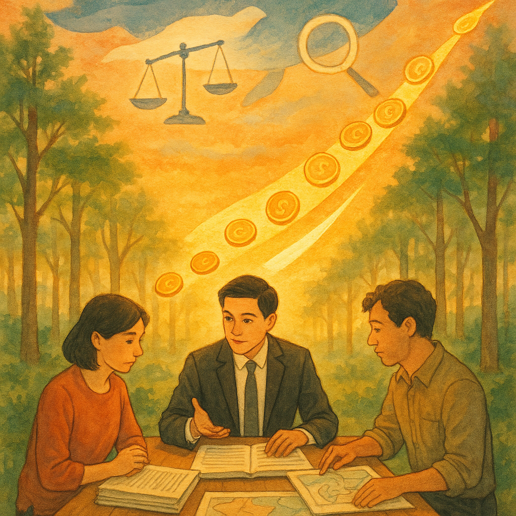 溫潤夕光與柔和色彩下，台灣律師與民眾在林間長桌研讀案件卷宗與風險地圖；天上鯨魚雲化作天平與放大鏡，引導金色硬幣匯聚刀刃光帶，象徵訴願策略、花在刀口上。手繪質感、無字。