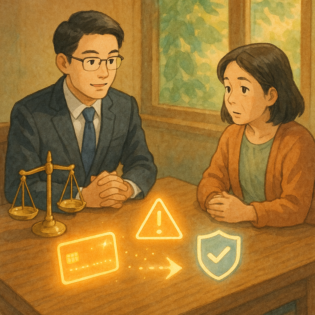 吉卜力風溫暖手繪,高解析,微妙魔幻。台灣律師與民眾在木桌諮詢,柔和色彩、自然光灑入。桌上浮現發光銀行卡與警示符號、天秤與盾牌、前方形成箭頭的小光點,象徵警示帳戶結論與行動建議。無文字。