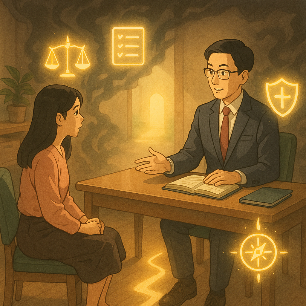 吉卜力風格柔光辦公室內，一位台灣女性上班族與台灣律師對坐諮詢；陰影化作低語怪霧退散，周圍漂浮天秤、清單、盾牌與指南針等發光符號，地上現出通往光門的路徑，溫暖細膩、無文字。