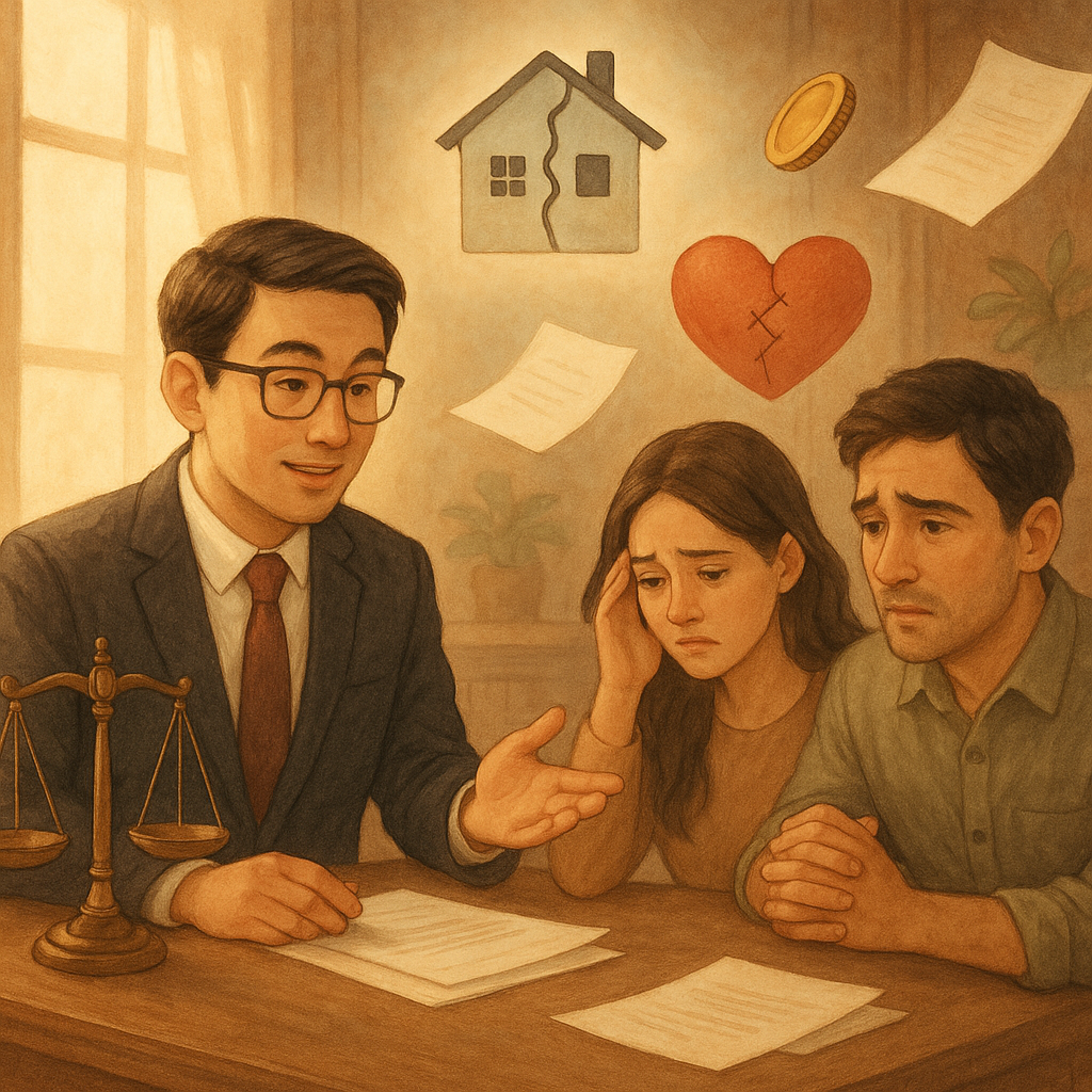 柔光灑入木質事務所,一位台灣律師溫和諮詢憂心台灣夫妻;天平、裂痕屋與縫合愛心、漂浮硬幣與文件環繞,高解析度手繪質感、柔色與溫暖奇幻氛圍,無文字。