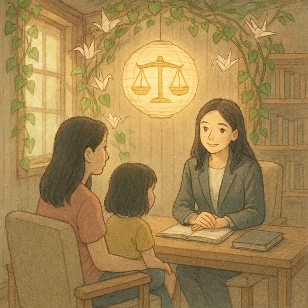 日光灑入木質諮商室,台灣女性與孩子坐在溫柔的台灣律師對談;柔和色調與手繪質感、吉卜力式電影感中,發光的天秤化作紙燈,紙鶴與藤蔓環繞成守護光幕,象徵家暴法律援助,畫面無文字。