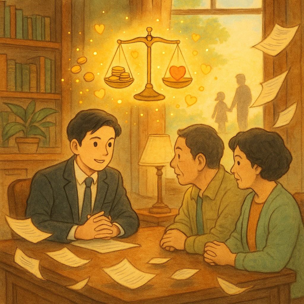 柔和色彩與自然光下，台灣律師在木質書房與父母諮詢，天平化作金幣與愛心光點環繞，卷宗如落葉飄浮，孩童剪影牽手遠景，象徵撫養費與圓滿結論，吉卜力風手繪質感，無文字。