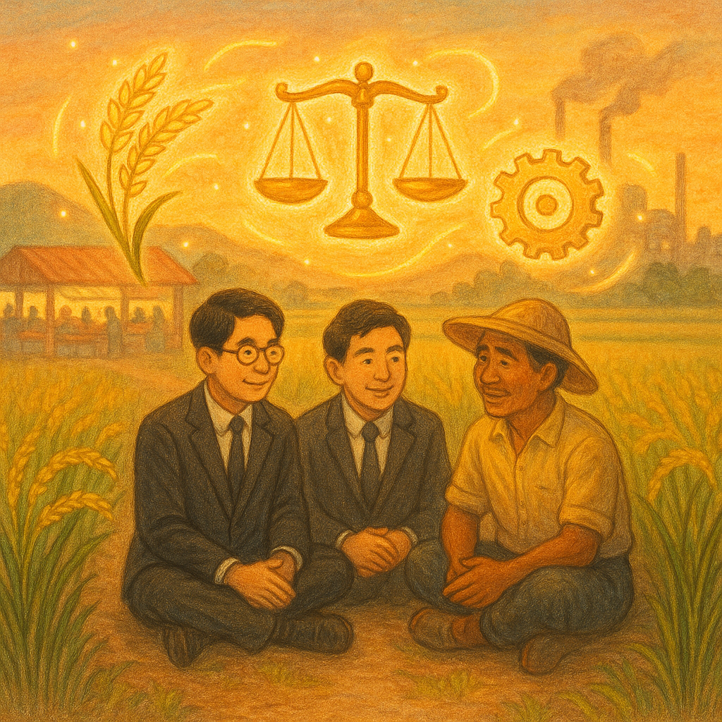 黃昏田埂上，兩位台灣律師與農民圍坐，發光天平、稻穗與齒輪化作精靈環繞；遠處市場與工廠在柔光中交疊，象徵妨害農工商的風波與法律諮詢。手繪質感、溫暖色調、無文字。