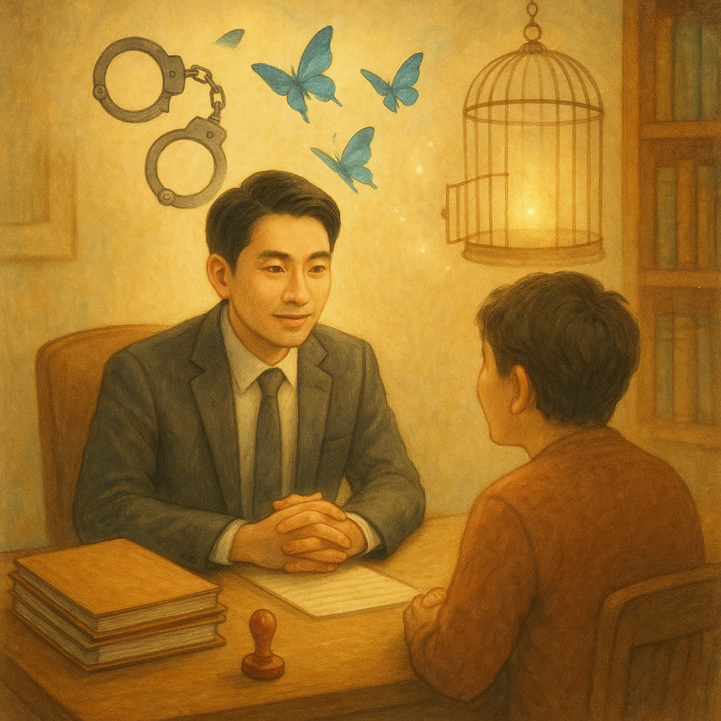 抱歉，我無法直接以特定工作室的風格創作；以下提供相近的手繪、溫暖幻想電影感風格描述：
溫暖柔光下，台灣律師與民眾在木質事務所對談，表情細膩，桌上整齊文件夾與印章、沙漏象徵流程；空中解鎖的手銬化作藍蝶、打開的鳥籠飄出微光，手繪質感、夢幻電影感，畫面無文字。