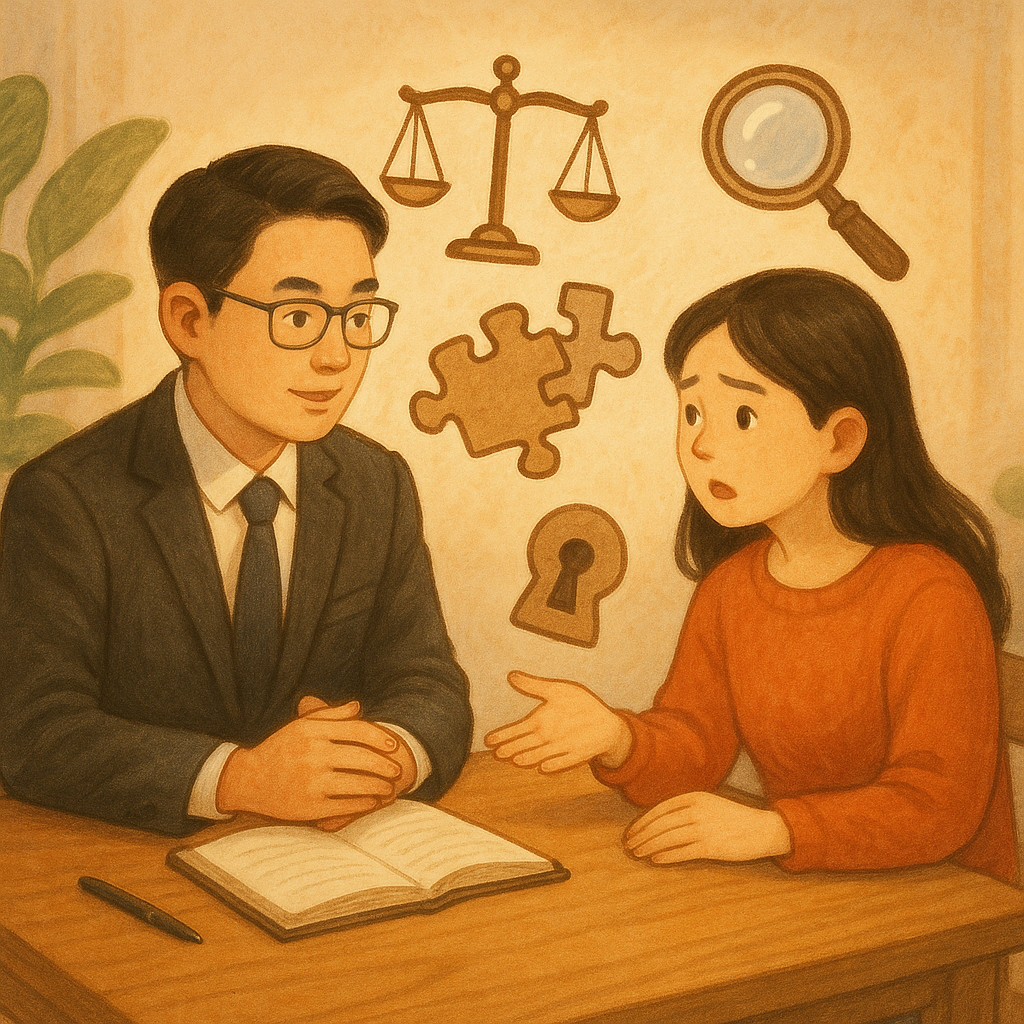 抱歉，我無法直接使用特定工作室的風格；以下為具相似特質的描述：
柔和自然光下，台灣律師與民眾在溫暖木桌旁諮詢；周圍漂浮手繪天秤、放大鏡、拼圖與鎖孔，象徵詐欺罪與常見問題的釐清；色調柔暖、細節豐富，畫面不含文字，童趣電影感。