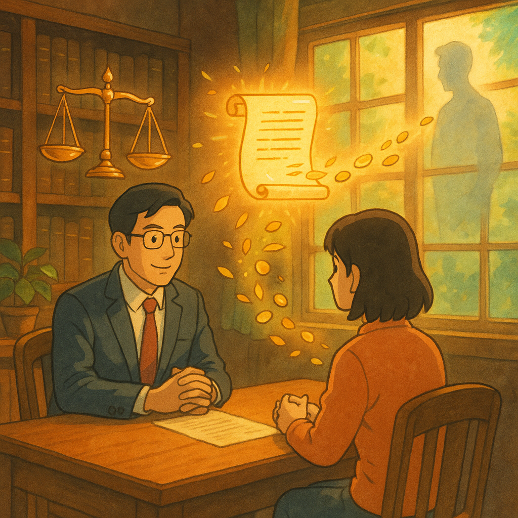 吉卜力般暖色手繪場景:台灣人律師與當事人在木質律所對談,窗外自然光灑入。漂浮的天平與發光契約卷象徵告第三者求償,金色葉片化作硬幣沿光軌飛向遠處半透明第三者剪影,氛圍奇幻而專業,畫面無文字。