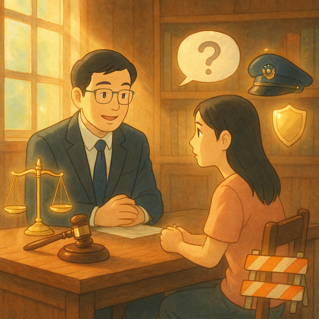 吉卜力風柔光下，台灣人律師在木質事務所與台灣民眾溫暖諮詢；桌上天平、法槌、盾牌與警帽微光漂浮，旁有無字對話氣泡與路障圖示，象徵妨害公務的疑難解答。自然光與手繪紋理交織，魔幻電影感沉浸，畫面無文字。