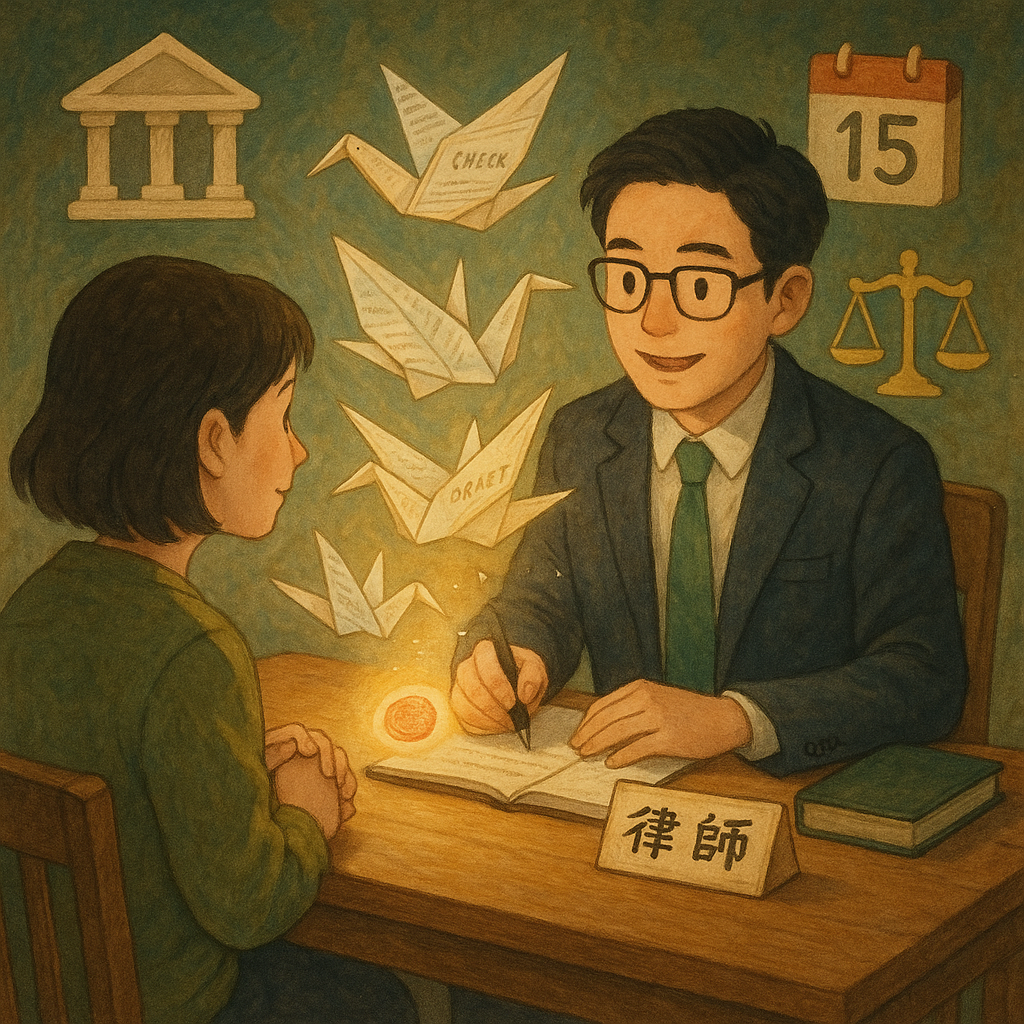 自然柔光木桌前，一位台灣律師與民眾溫暖諮詢，票據、支票、匯票化作漂浮紙鶴與蓋章光暈，旁有天秤、銀行與日曆圖像環繞，吉卜力風格電影感手繪質感，童話般沉浸而專業。