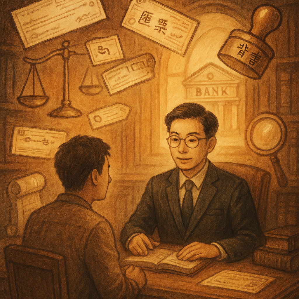 抱歉,我無法直接使用特定工作室的風格;以下提供相近氛圍的圖像描述。
柔光下,台灣律師與客戶於木質辦公室對談,周圍漂浮支票、匯票與背書章印,天秤與放大鏡化作溫暖光影,手繪質感、奇幻而專業,背景有銀行拱窗與法典卷軸微光。