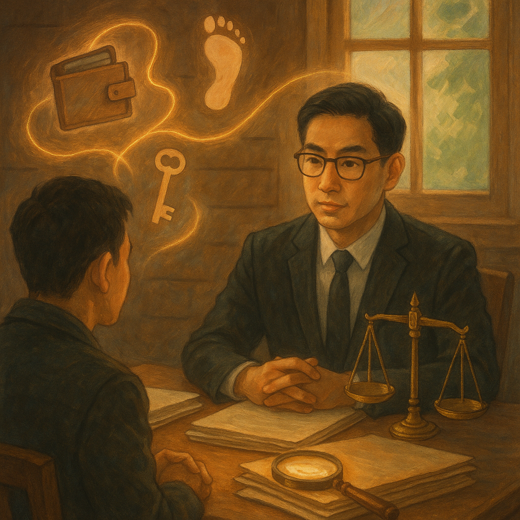 木質暖光下，一名台灣人律師與當事人沉穩對談；窗外自然光灑入，桌上卷宗、天平與發光放大鏡環繞，錢包、鑰匙與足跡等竊盜線索化作漂浮圖像，以光絲串聯，手繪柔色、奇幻電影感，無文字。