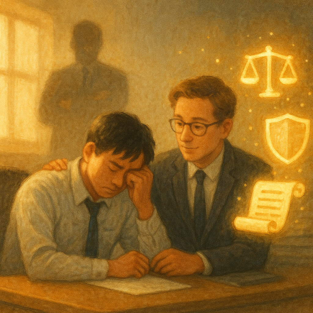 高解析溫暖自然光的手繪奇幻電影感插畫;台灣上班族低頭於辦公桌,背後上司身影模糊高壓;旁現光點化成天平、盾牌與契約卷軸,律師陪坐安撫;柔和筆觸、無文字。