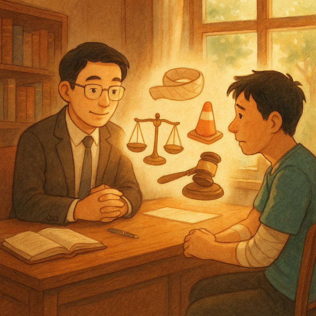 溫暖奇幻的手繪動畫風：台灣律師在木質諮詢室傾聽受傷台灣民眾，窗外柔光灑入。桌上漂浮象徵：天秤、繃帶、路錐、法槌與時鐘，指向過失傷害的常見疑慮。細膩筆觸、柔和色彩與自然光影營造安心、專業氛圍，無文字。