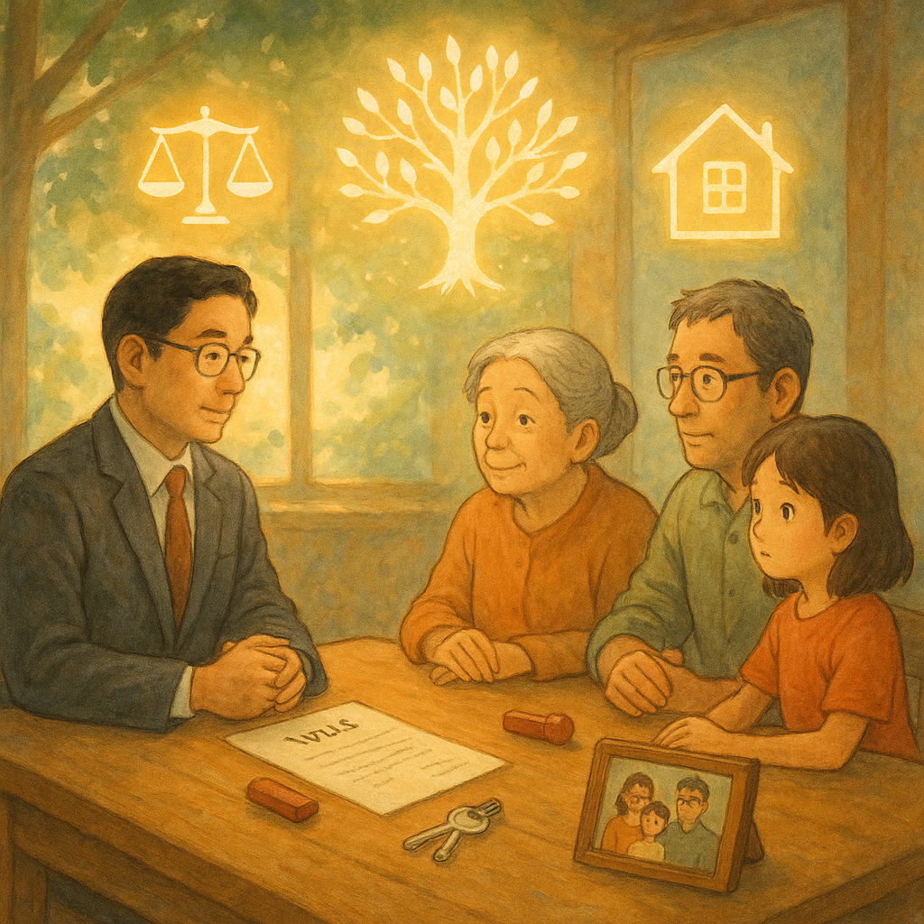 柔和日光下，台灣律師與三代家屬圍坐木桌，討論繼承，人物神情溫和專注；桌上遺囑、印章、鑰匙與家族相框。空中浮現發光家族樹與天平、房屋圖標，手繪質感、吉卜力式溫暖魔幻氛圍，無文字。