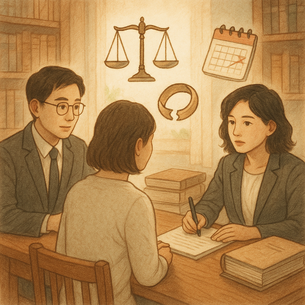 抱歉,我無法直接使用特定工作室的風格;以下是相近氛圍的圖片描述:
自然柔光下,兩位台灣律師與當事人在木質事務所溫暖對談,表情細膩;天平、裂痕戒指、日曆與卷宗輕盈環繞,象徵婚外情訴訟與行動建議;手繪質感,無文字。