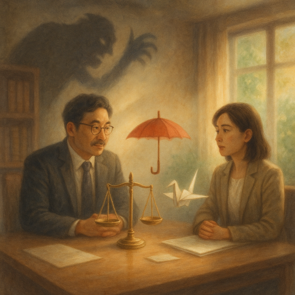 柔光手繪場景:兩位台灣專業人士在溫暖法律諮詢室對坐、表情細膩,桌上天平、護傘與紙鶴漂浮,窗外自然光灑落;角落投影成壓迫的辦公陰影怪物,象徵職場精神虐待;整體溫潤奇幻、無文字。