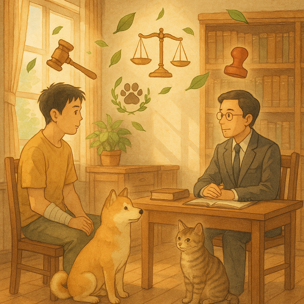 吉卜力風溫暖場景，柔和色調：台灣飼主與律師在木質事務所對坐，柔光灑落。飼主手纏繃帶，乖巧犬貓在旁。空中漂浮葉片化成天平與印章等象徵，提示咬傷求償與諮詢。現實與奇幻平衡，手繪細節、無文字。