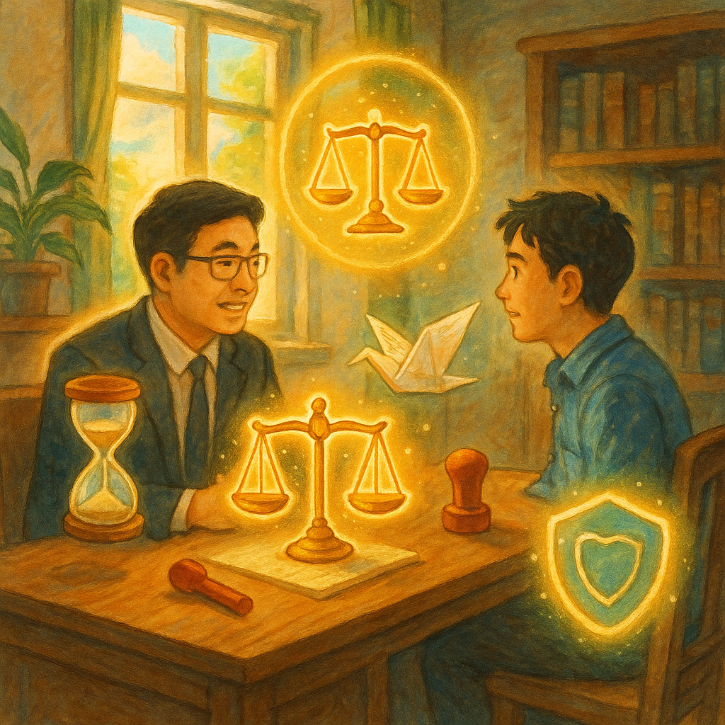 溫暖午後的行政諮詢室中，台灣律師與民眾對坐，桌上漂浮沙漏、發光天秤、印章與證據卷宗化作紙鶴，護盾光暈環繞象徵暫時權利保全；柔和自然光、手繪筆觸、吉卜力式奇幻氛圍，畫面無文字。