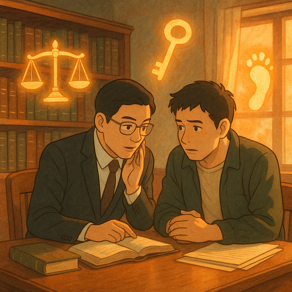 溫暖夕光下的台灣法律事務所內,一位台灣律師與當事人低聲商議竊盜案;木質書櫃旁漂浮發光的天秤、鑰匙與足跡圖示,柔和色彩與手繪紋理營造吉卜力式奇幻;人物表情細膩、自然光灑落,無文字。