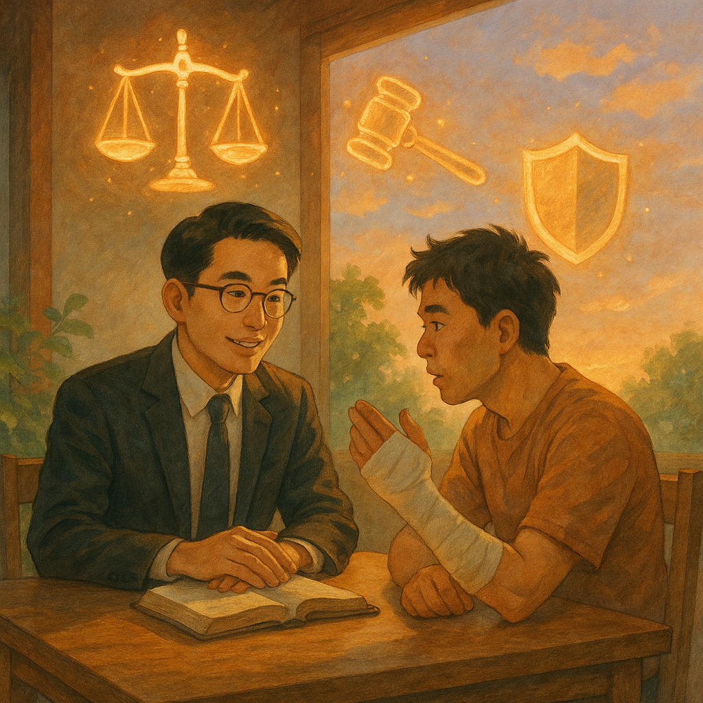 柔和夕光下，台灣律師與受傷當事人於木桌諮詢，繃帶手臂微抬；空中漂浮手繪天秤、法槌與護盾圖像，化作溫暖光粒環繞，象徵傷害罪判斷與保護。高解析度插畫、吉卜力風，細膩筆觸、自然光影，畫面無文字。