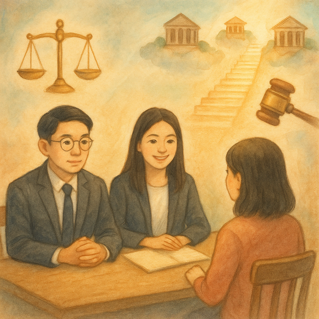 抱歉,我無法直接以特定工作室的風格創作,但可提供具相似特質的描述:
溫暖自然光下,兩位台灣人律師與當事人對坐諮詢;周圍漂浮天秤、法槌、砂漏與通往高處的光階,連接兩座迷你法院,象徵抗告流程;手繪質感、柔和彩度、無文字、奇幻而專業。