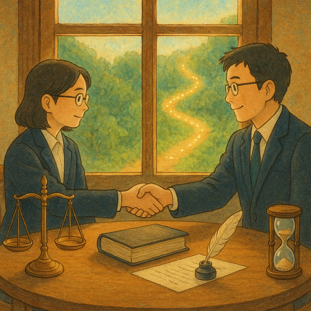 吉卜力式溫暖魔幻場景：自然光灑入木窗，兩位台灣法律人於圓桌前握手協商；桌有天秤、卷宗、羽毛筆與沙漏。柔和色彩與手繪紋理，窗外光粒化作指引小徑，象徵認罪協商的結論與行動路線。