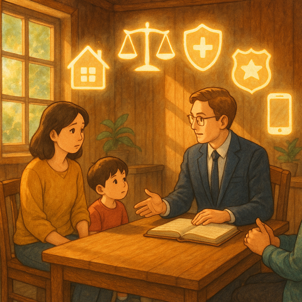 高解析度吉卜力式溫暖光影與手繪質感中，台灣母子在律師與社工陪伴下於木質諮詢室對坐；窗外微光灑落，象徵性發光圖示—天秤、盾牌、家屋、警徽與手機—環繞形成保護結界，暗示行動建議與法援。風格奇幻，無文字。
