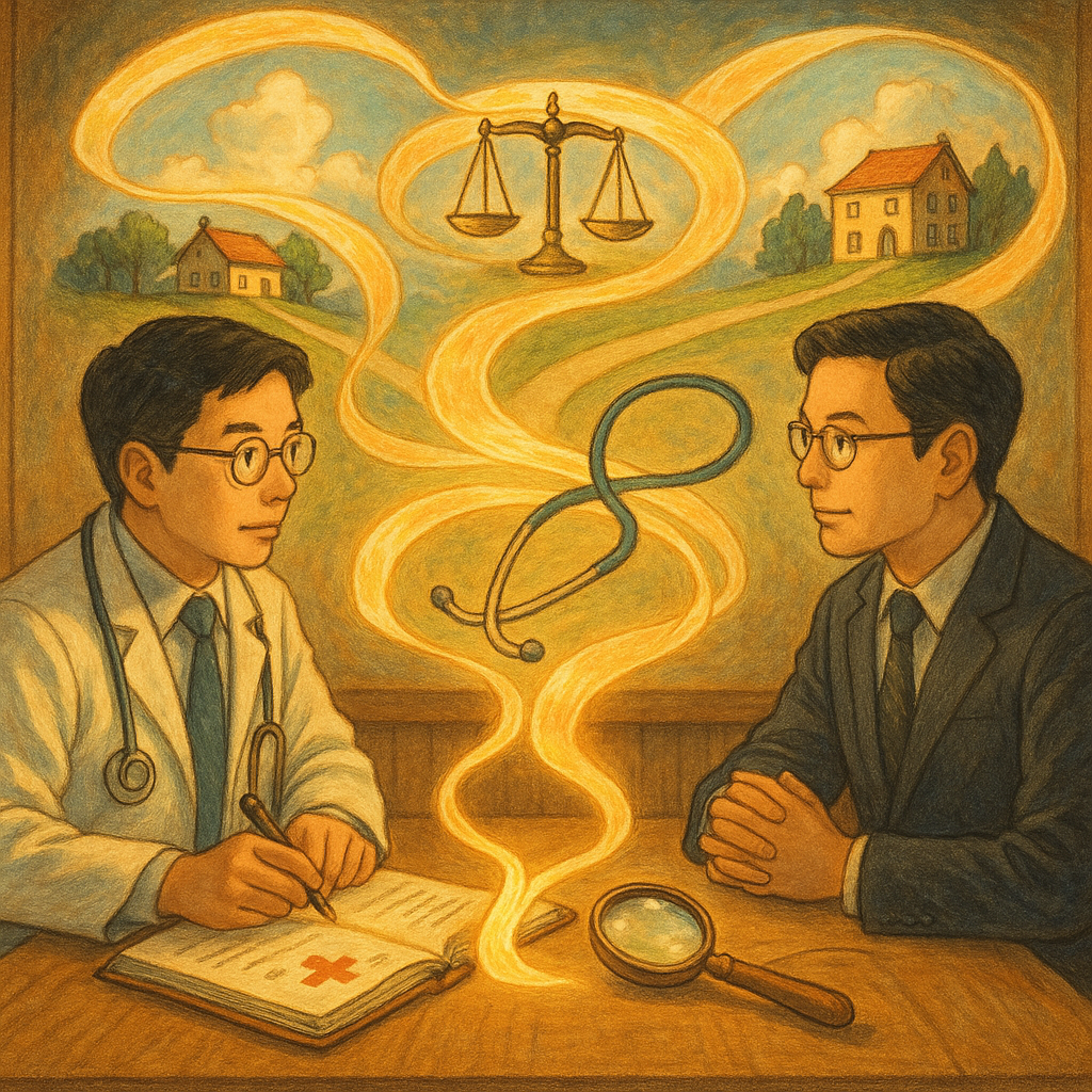 高解析度吉卜力風插畫：柔和光線下，台灣醫師與律師在木質桌前磋商；天光化作流動絲帶連結病歷、天秤、聽診器與放大鏡，分岔小徑延伸展示不同結局；手繪質感溫暖奇幻，細節豐富、沉浸感強，畫面無文字。