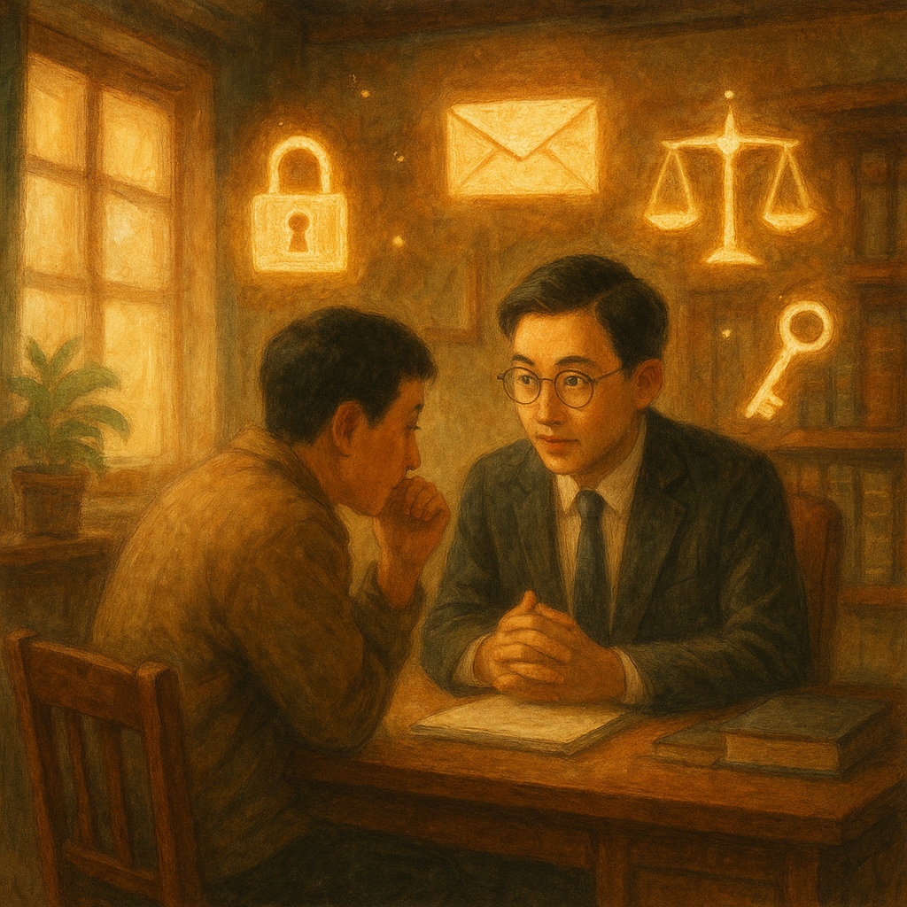 溫暖木質事務所裡,一位台灣律師與台灣民眾低聲諮詢;柔光灑落,手繪質感。空中漂浮鎖頭、信封、天秤與鑰匙等發光符號,象徵洩密與守密的抉擇;細節豐富、魔幻寫實,吉卜力式電影氛圍、無文字。