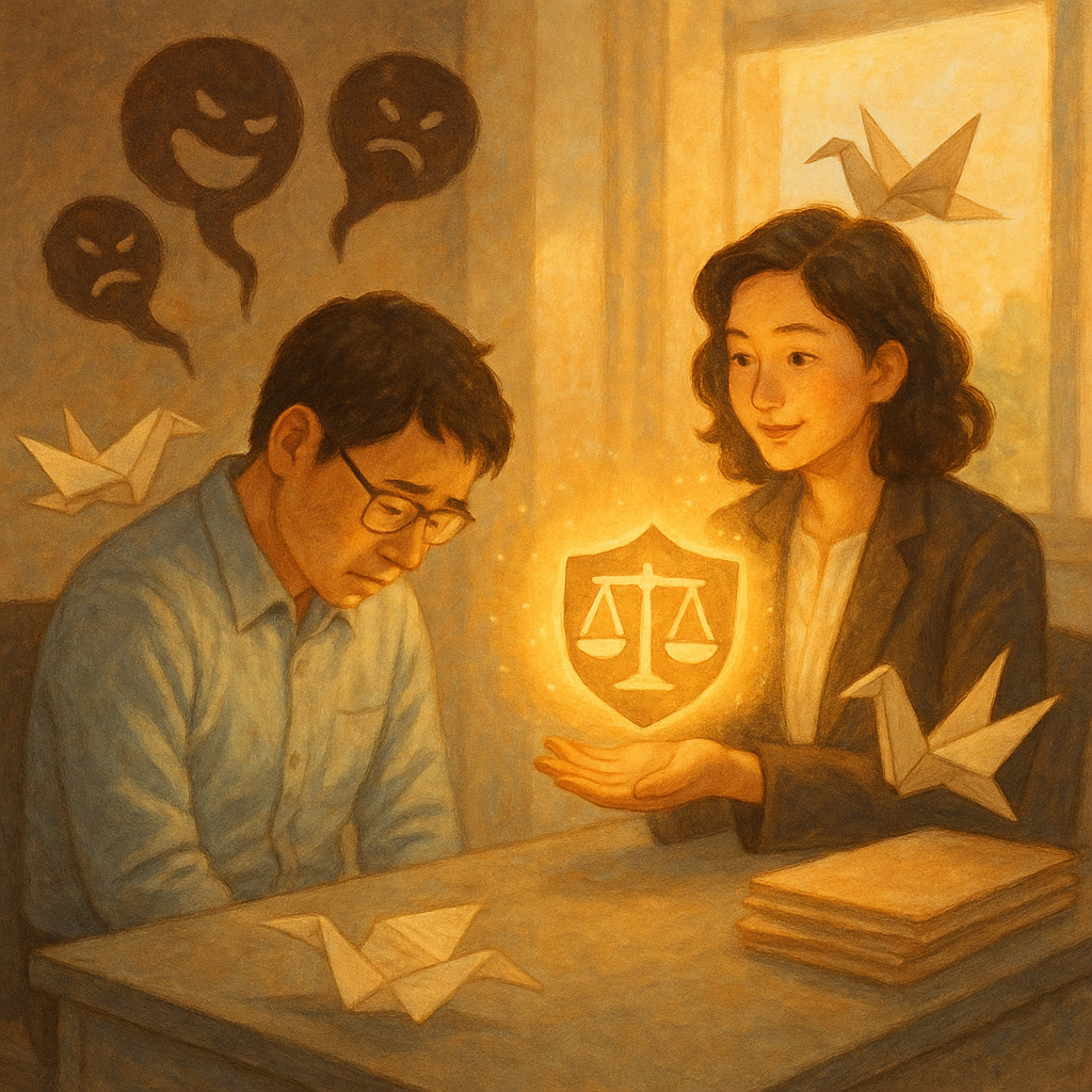 抱歉，我無法直接以特定工作室的風格描述；以下提供相近氛圍的圖像描述：
溫暖奇幻的電影感手繪風、柔色自然光，台灣上班族低頭坐在灰色辦公桌旁，身後化作陰影的嘲笑氣泡漂散；對面台灣律師溫柔遞出發光天平與盾牌圖像，卷宗化作紙鶴環繞，無文字。