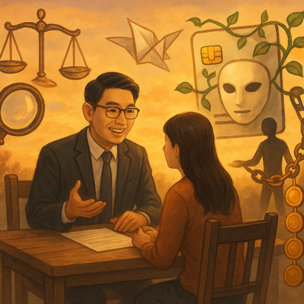 溫暖黃昏下，台灣律師與民眾在木桌諮詢，手繪天秤與放大鏡環繞，卷宗化作紙鶴輕飛；一張長出藤蔓的銀行卡化為面具，牽動幽影人偶與金幣鎖鏈，象徵人頭帳戶風險與案例爭點，無字場景，柔光奇幻。