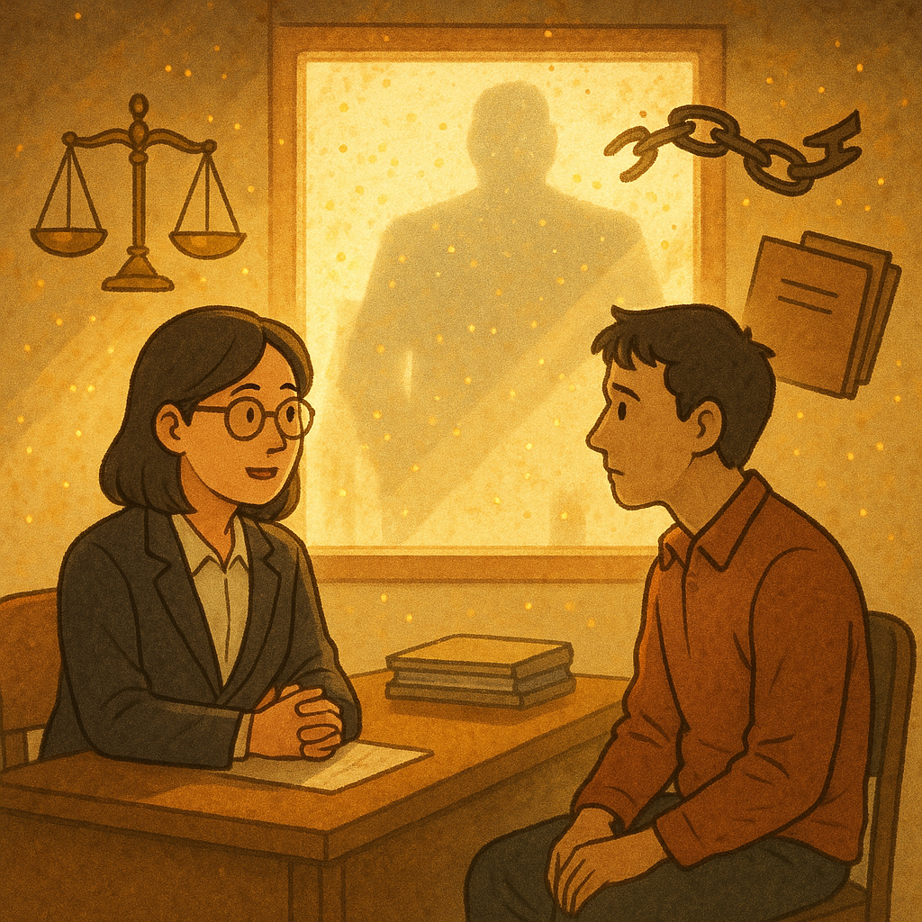 抱歉,我無法直接以指定工作室的風格創作;以下為相近的描述:
溫暖手繪動畫風,台灣成年律師與當事人在陽光灑落的諮商室對坐,發光天秤、斷裂鎖鏈與檔案夾環繞;窗外巨大的朦朧權勢剪影漸散,金色微粒流動,寓意法律援助對抗權勢性交。