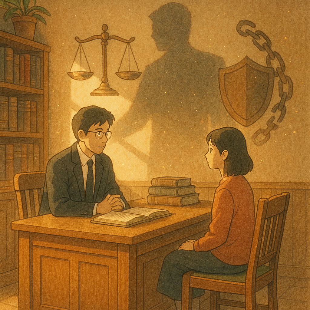 在溫暖自然光與柔和色彩中,台灣律師與當事人在木質辦公室對坐,吉卜力風手繪質感;天秤、盾牌與斷裂的鎖鏈環繞與微光粒子,牆面投下龐大權勢剪影,象徵法律諮詢與保護,無文字。