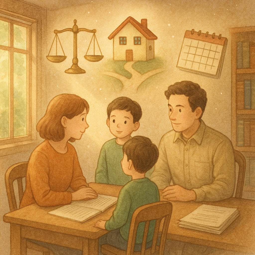 溫暖自然光下的手繪律師事務所，台灣律師與一對父母及孩子圍坐諮詢；空中漂浮象徵監護權的天秤、家屋與分岔小徑、日曆與文件圖像，無文字；柔和色調、細膩筆觸與微光粉塵營造童話般電影感與安心氛圍。