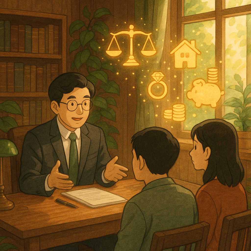 溫暖自然光下的吉卜力風律師事務所，台灣律師與一對台灣民眾諮詢；桌上漂浮手繪天平、房屋、戒指、存錢筒與金幣等符號，化作柔和光粒分配流動，木質紋理與植物營造魔幻寫實氛圍，無文字。