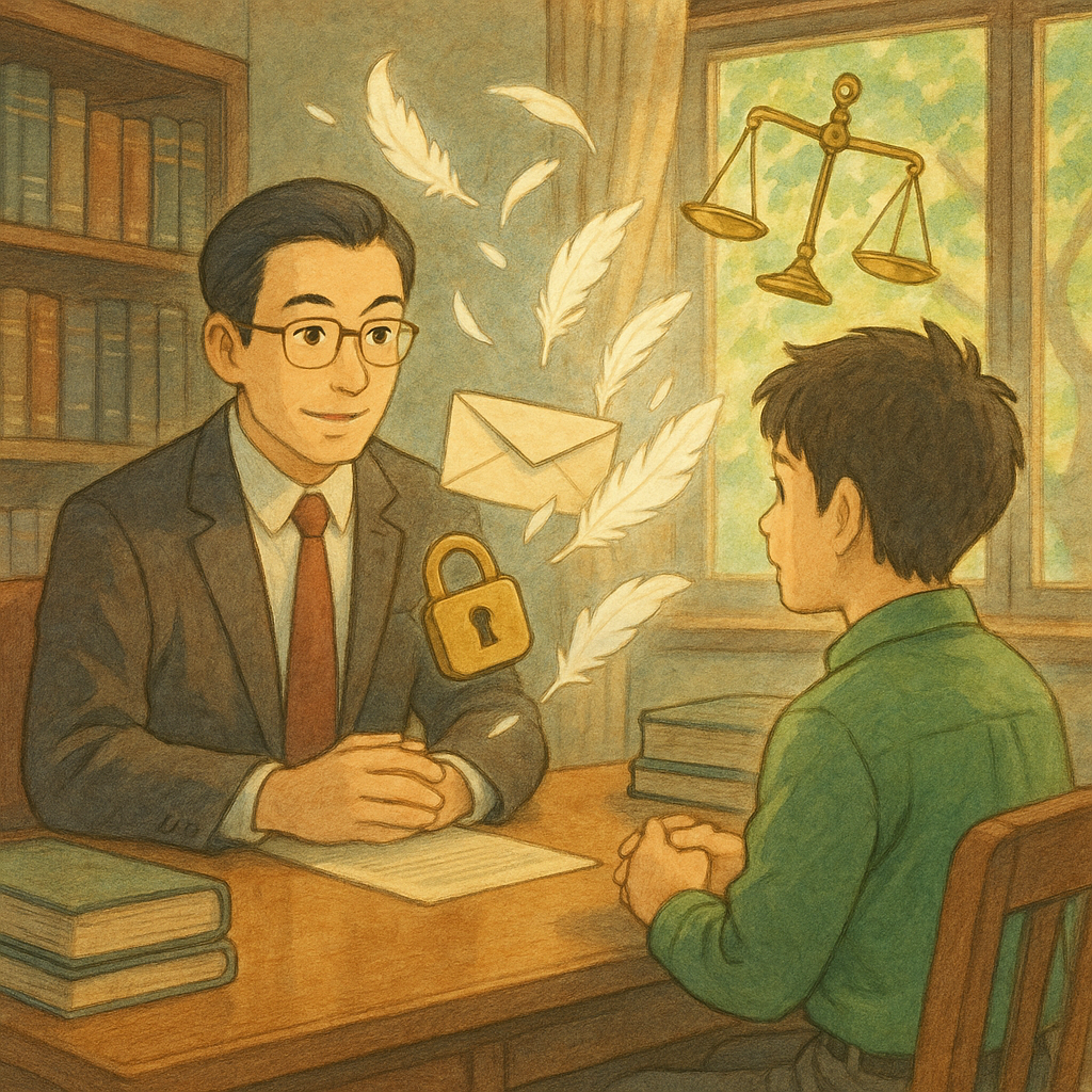 柔光木質事務所中，台灣律師與當事人對談，漂浮信封化作光羽，鎖與天秤在空中輕旋，窗外風拂樹影；溫暖吉卜力筆觸與手繪質感，呈現洩密罪諮詢的謎與守護。