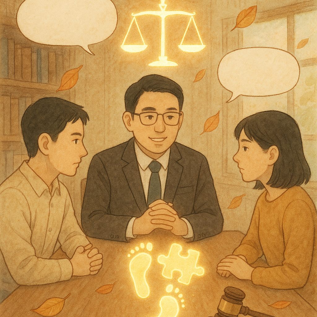 木質事務所裡，台灣人律師與兩位當事人圍桌諮詢；柔光中交疊足跡化作發光天秤與相扣拼圖，象徵共同正犯的共同行為與責任；無字對話框、法槌與飄落樹葉點綴，並以手繪質感、柔和色彩與自然光烘托溫暖奇幻氛圍。