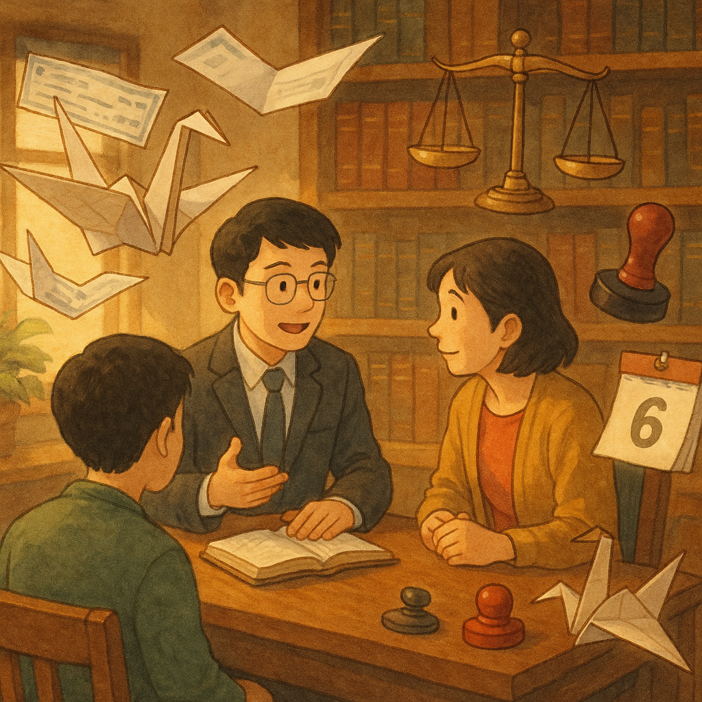 吉卜力式溫暖手繪、電影感場景：台灣律師與民眾在木質事務所諮詢，柔光下支票、匯票與印章化作漂浮紙鶴、天平與日曆環繞，象徵票據法常見問題；無文字。