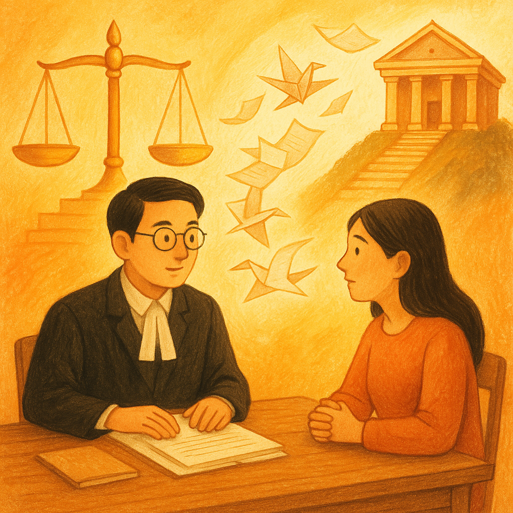 抱歉，我無法直接以特定工作室風格創作；以下為相近風格的圖片描述：
暖色手繪風中，台灣律師與當事人於木桌諮詢，柔和自然光化作天秤與階梯，卷宗紙張飛舞成鶴指向法院山門，象徵抗告與結論的希望；畫面無文字。