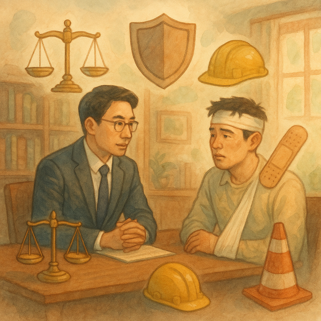 柔和自然光下,台灣律師與受傷民眾在木質書房諮詢,桌上天平、盾牌與安全帽圖像環繞,創可貼與警示路錐象徵過失傷害與風險控管;手繪質感、柔色自然光與電影感的溫暖奇幻氛圍,畫面無文字。